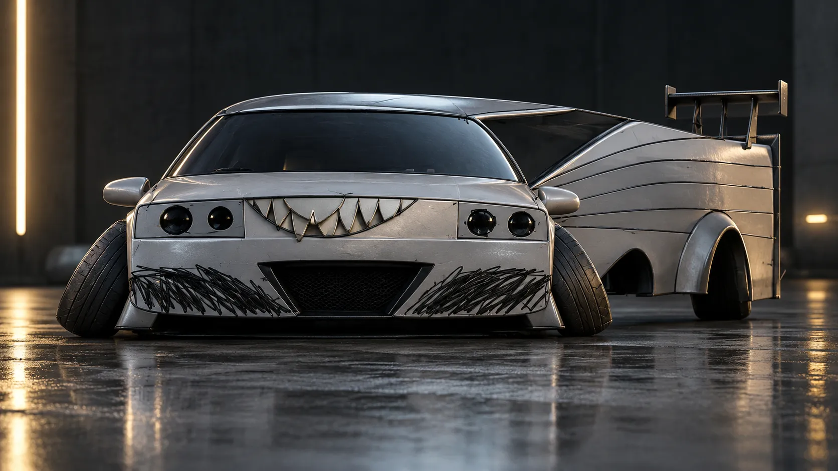 3D rendered concept vehicle with bent wheel design