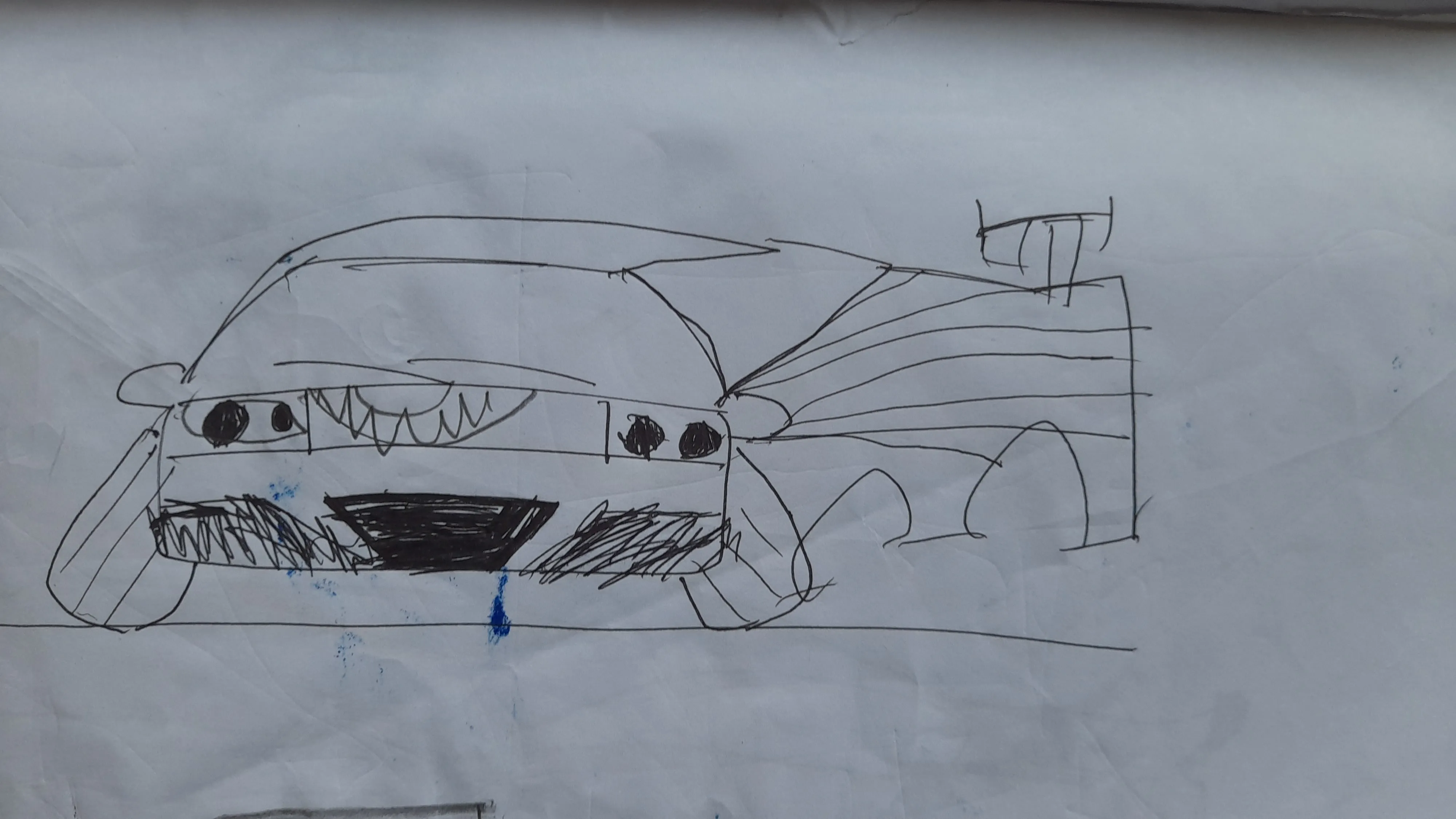 Original hand-drawn car sketch with bent wheel design